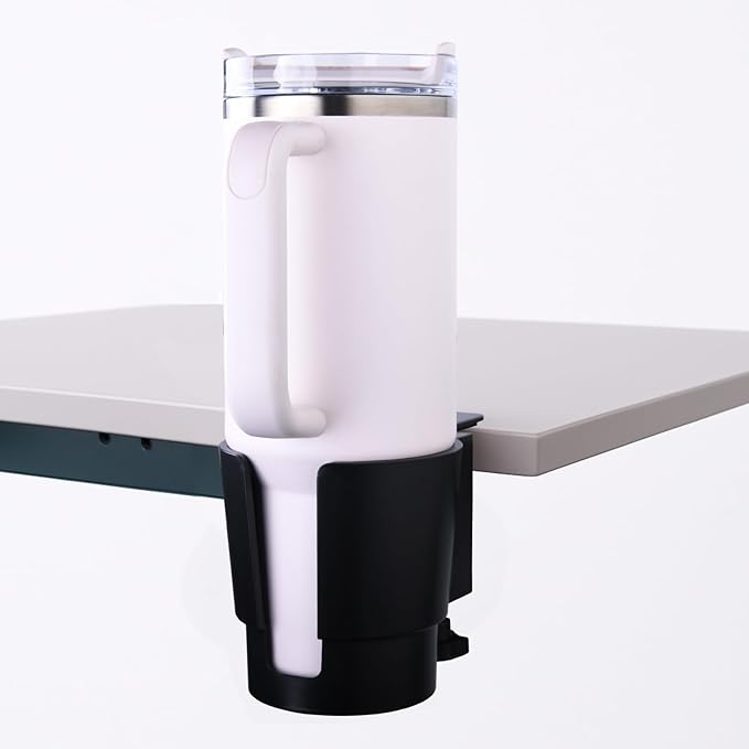 Universal Large Desk Cup Holder Clamp on, Heavy Duty Plastic Drink Holder for Table, Porch Swing, Patio Chair, Clip On Anti-Spill Bottle Holder for Most Cups, Bottles, Cans, Tumbles, Black, Pack of 2