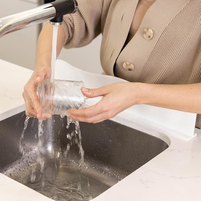 Silicone Sink Splash Guard - Water Splash Guard for Kitchen, Island and Bathroom - Secure Non-Slip Suction Cup Base - Dishwasher Safe, White (17.4 x 1.7 x 3.6")
