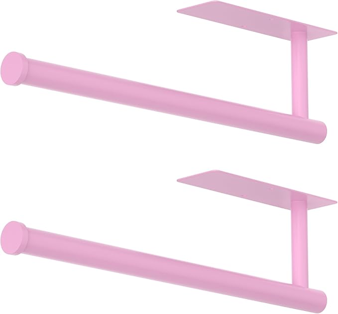 Paper Towel Holder Under Cabinet, Self-Adhesive,No Drilling, Stainless Steel, Wall-Mounted for Kitchen and Bathroom, Easy Install, Durable, Space-Saving, Ideal for Home, RV (Pink, 2 Pack)
