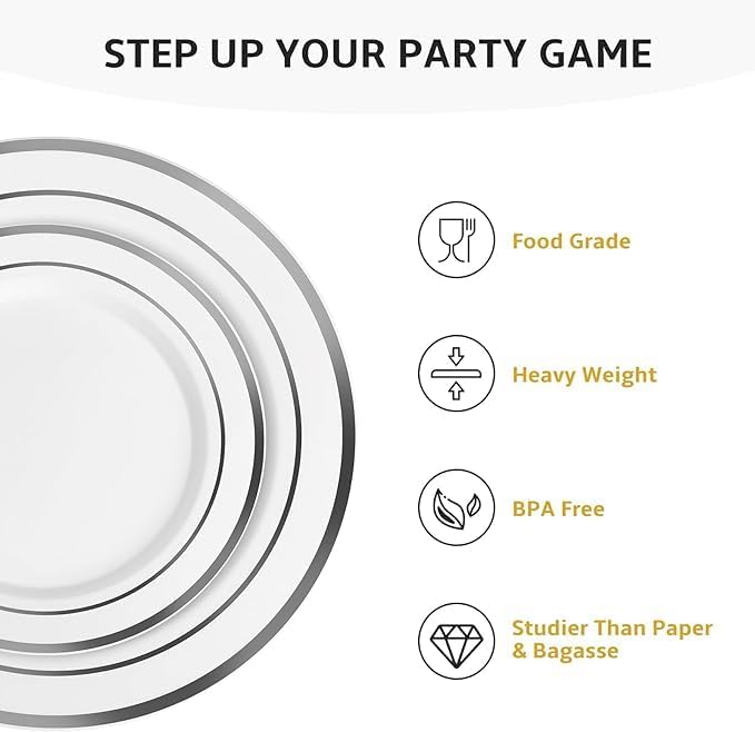 AOZITA 200Pcs Silver Plastic Plates, Disposable Plastic Party Plates for Party, Wedding and Birthday