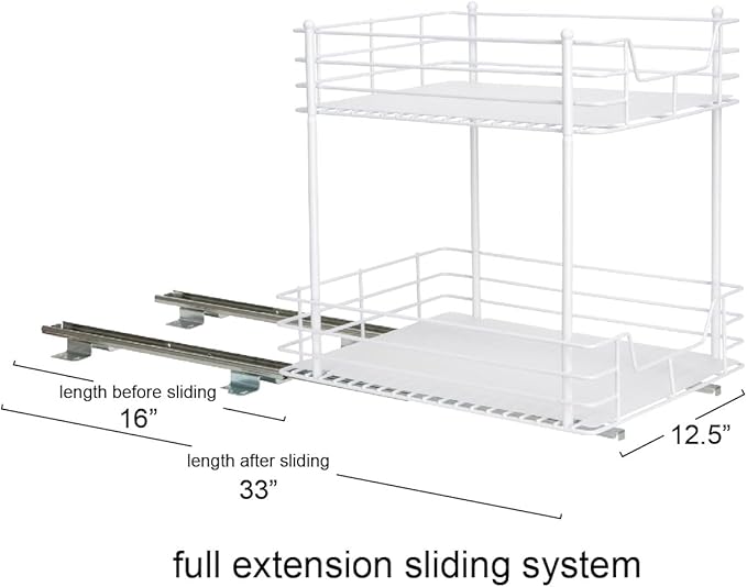 Household Essentials Glidez Steel Pull-Out/Slide-Out Storage Organizer with Plastic Liners for Under Cabinet or Wire Shelf Use - 2 -Tier Design, White