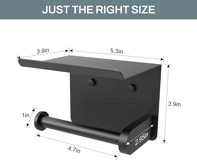 SetSail Toilet Paper Holder with Shelf Adhesive or Screw Bathroom Toilet Paper Roll Holders Wall Mount Matte Black Tissue Holder for Bathroom Hardware Accessories