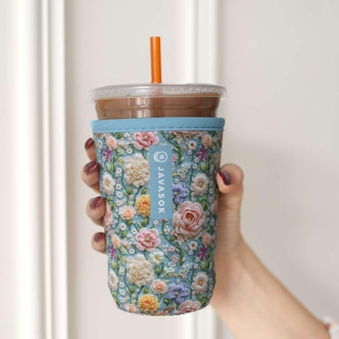 Sok It JavaSok Iced Coffee & Cold Soda Insulated Neoprene Cup Sleeve (Garden of Pearls, Large: 30-32oz)