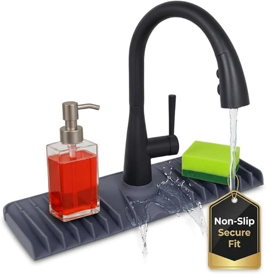 Premium Kitchen Sink Splash Guard – 18" x 5.7" Silicone Faucet Mat with Secure Pressure Clip, True 10° 3D Drainage(No Pooling), Anti-Lift Design, Flexible Leak-Sealing Ring, Non-Slip Fit Behind Faucet