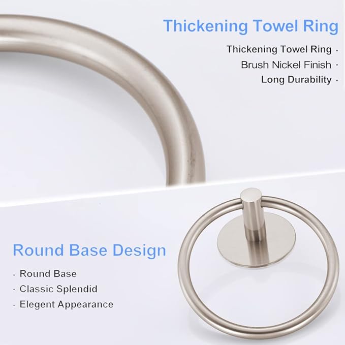 No Drilling 3M Self Adhesive Towel Ring with Extra Strong Nail-Free Glue, Stainless Steel Towel Holder, Bathroom and Kitchen Towel Rack (Brush Nickel)