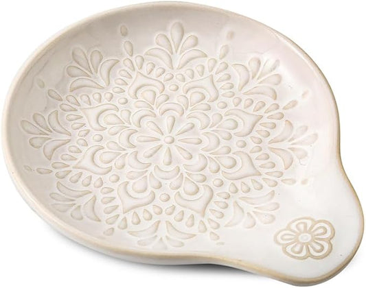 Farmhouse Ceramic Spoon Rests Holder for Kitchen Counter Stove Top (White-A2)