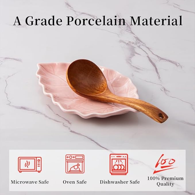 Ceramic Leaf Shape Spoon Rest for cooking, Cute Cooking Spoon Holder for Stove Top,Large Porcelain Spatula Rest for Kitchen Counter, Farmhouse Christmas Kitchen Decor (pink)