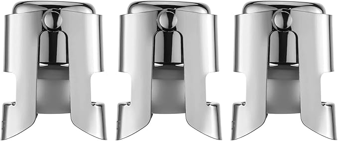 WOTOR Stainless Steel Champagne Stoppers - Champagne Bottle Stoppers with Silicone Seal, Reusable Cork & Saver, Suitable for Prosecco & Sparkling Wine, Silver, 3 Pack