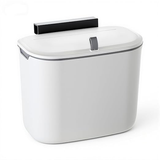 1.9 Gallon Under Counter Sink Waste Bin, Space Saving Hanging Kitchen Compost Bin with Lid Wall-Mounted Plastic Trash Garbage Can for Cabinet Door Cupboard Bathroom Office Home RV (White)