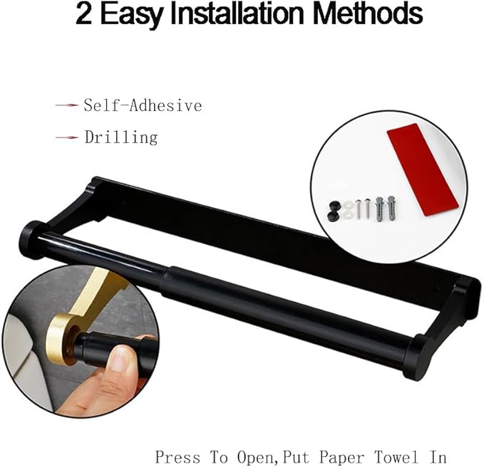 Paper Towel Holder - Self-Adhesive or Drilling, Black, Wall Mounted, Kitchen Roll Dispenser Under Cabinet or Inside Cabinet
