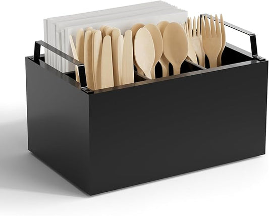 Wooden Silverware Caddy Organizer, Acacia Wooden Silverware Holder, Utensil Holder for Party, Utensil Organizer for Countertop, Black