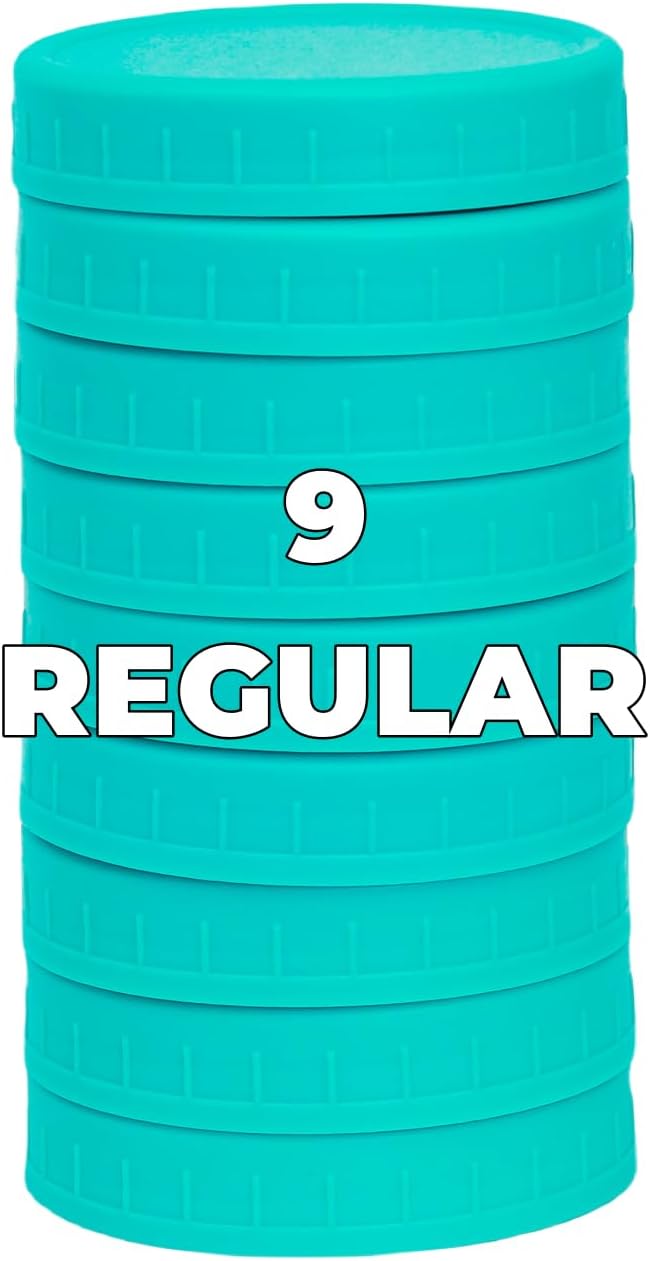 Bedgeta 9 Regular Mouth Mason Jar Lids with Silicone Ring,Thickened Leak-proof Lids Fit Ball,Kerr and More, 9 Blue-green, 70mm(Blue-green)