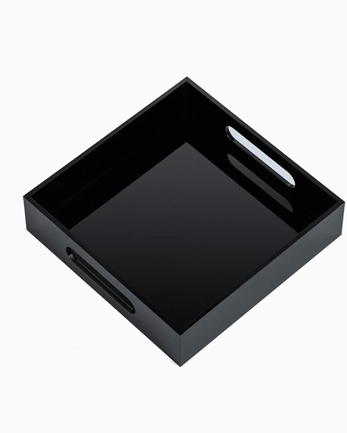 KEVLANG Black Sturdy Acrylic Tray with Handles-8x8 Inch- Countertop Organizer Tray for Kitchen,Bathroom,Office- Storage Box for Cosmetics, Jewelry,Toiletries,Toy,Gadgets