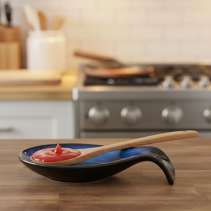 Nihow Ceramic Spoon Rest: 4 Inch Stable Utensil Rest - Heat Resistant Spoon Holder for Kitchen counter/Countertop/Stove Top - Dishwasher Safe - Elegant Blue (1 PC)