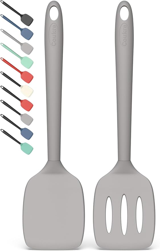 Coukre 2 Pack Silicone Spatula Set, High Heat Resistant, BPA Free Kitchen Spatula, Solid & Slotted Turner for Non-Stick Pans, Sautéing, and Flipping(2, PureGray)