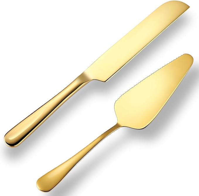 Wedding Cake Knife and Server Set Gold,2Pcs Cake Cutting Set For Wedding 10.63" Cake Cutter And 9.06" Cake Server Perfect For Wedding, Christmas, Birthday and Events,Dishwasher Safe