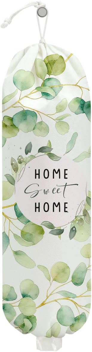 Eucalyptus Leaves Plastic Bag Holder 22.5x9 Inch,Wall Mount Grocery Bag Holder for Plastic Bags, Reusable Grocery Bags Storage Dispenser,Farmhouse Sweet Home Kitchen Decor,Gifts for Women Grandma Mom