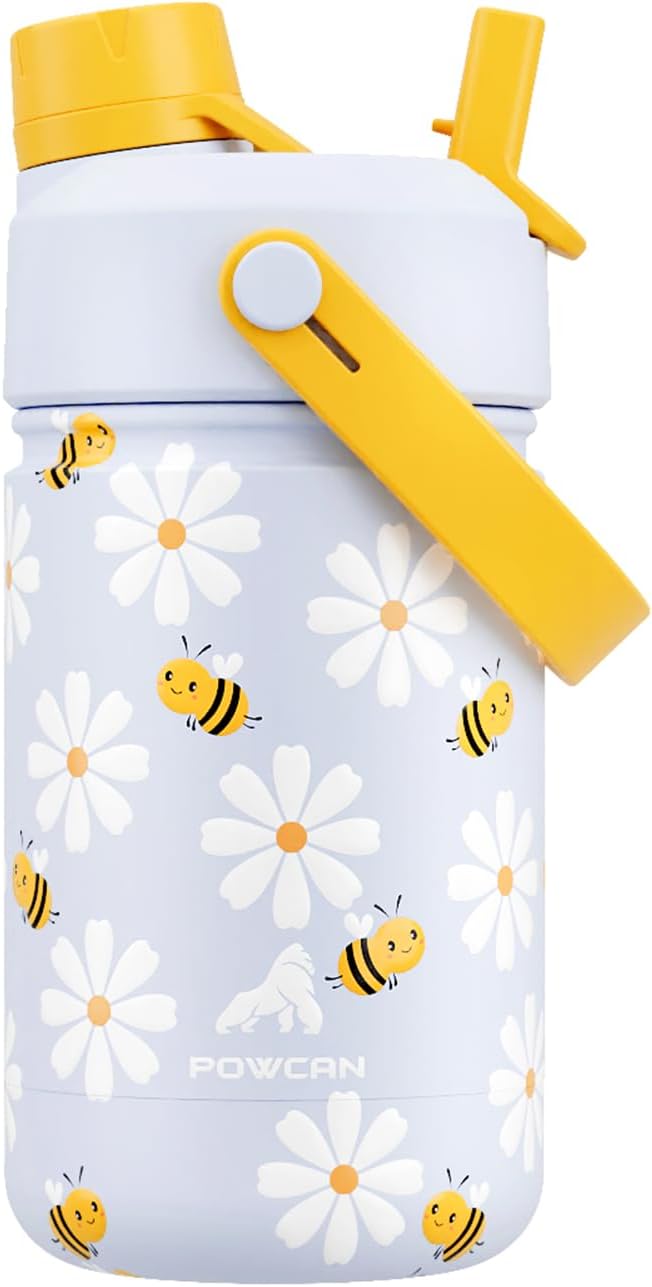 12 oz Insulated Water Bottle for Kids: 2-in-1 Straw Spout Lid, Spill-proof, BPA-Free, Easy Clean, Keep Cold 24H, Cute Bee Patterns, Stainless Steel Cup for School, Travel, Playtime, Gift (Daisy Buzz)