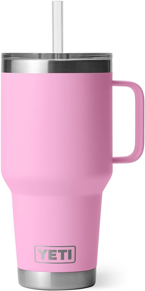 YETI Rambler 35 oz Tumbler with Handle and Straw Lid, Travel Mug Water Tumbler, Vacuum Insulated Cup with Handle, Stainless Steel, Power Pink