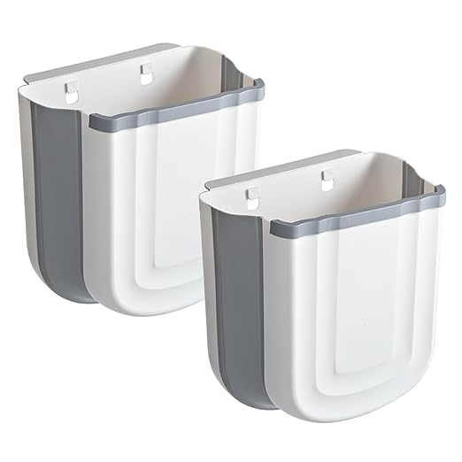 2 Pack Hanging Trash Can, 9L Collapsible Plastic Waste Bin for Cabinet Door, Wall Mounted 2.4 Gallon Foldable Small Wastebasket for Kitchen, Bathroom, Bedroom