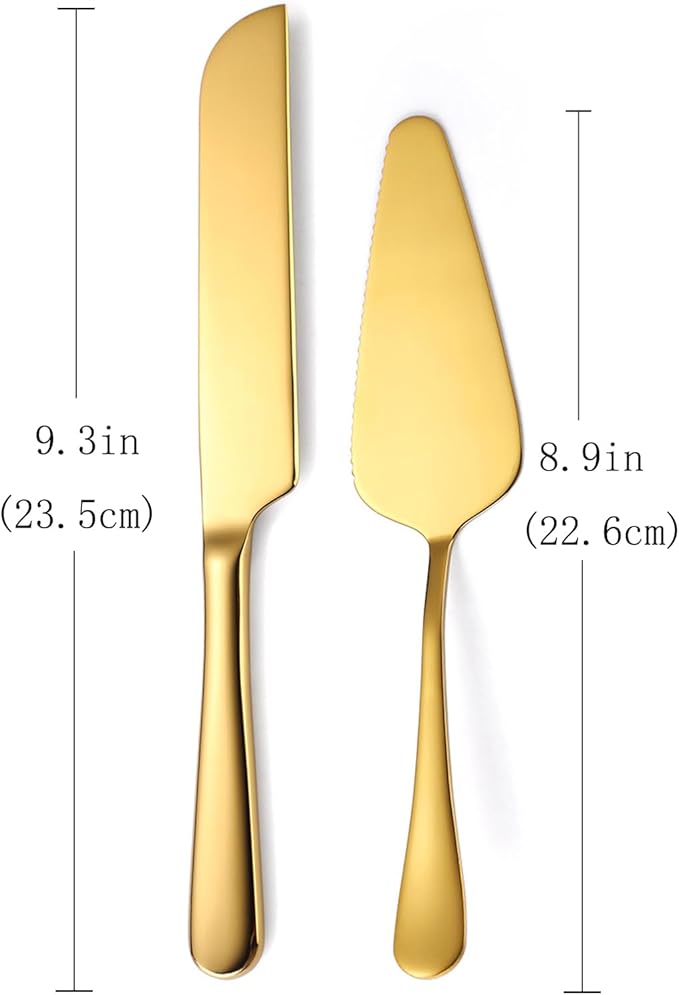 Wedding Cake Knife and Server Set,2Pcs Cake Cutting Set Gold Include Stainless Steel Cake Cutter And Cake Server Perfect For Wedding, Christmas, Birthday and Events,Dishwasher Safe