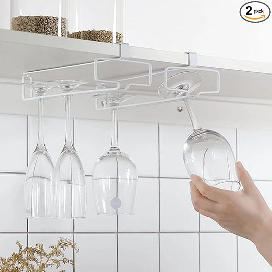 LINFIDITE 2 Pack Wine Glass Holder Stemware Rack Hanger Under Cabinet Wine Glass Rack Kitchen Hanging Storage Rack Organizer,White(For Partition Thickness under 0.98")