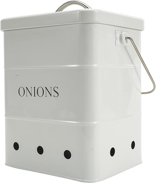 Onion Storage Bin, Kitchen Storage Canister,Kitchen Pantry Organizer Tin With Airtight Lid & Handles, Vegetable Fresh Keeper with Aerating Tin Storage Holes (White)