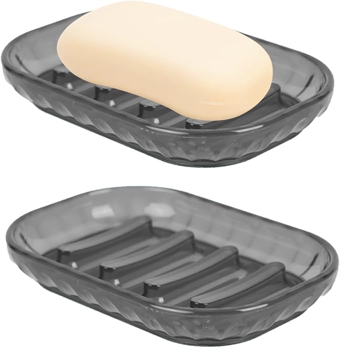 AMUONTY 2 Pack Soap Dish Holder for Bar Soap, Bathroom Soap Dishes Bar Soap Holder Tray, Soap Dishes for Shower Bathroom, Kitchen Sink Soap Dish, Black