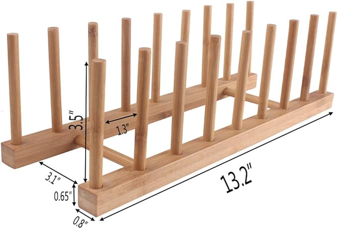 8-Slots Bamboo Wooden Dish Rack Storage Organization Plate Rack Stand Pot Lid Holder Kitchen Cabinet Organizer
