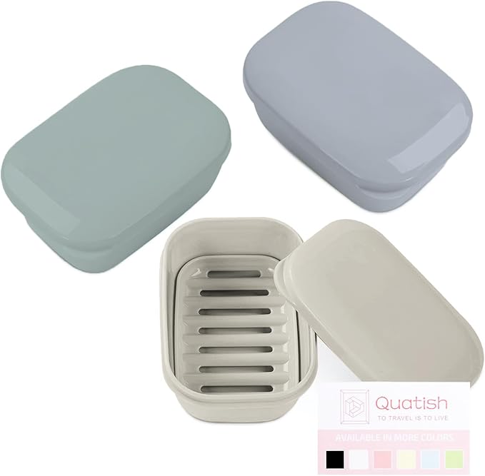 Quatish Soap Holder, Travel Soap Container with Lid, Portable Bar Soap Case, Leakproof Soap Box with Perforations, Soap Dishes for Traveling, Camping, Gym, 3 Pack(Grey,GreyGreen,Greyblue)