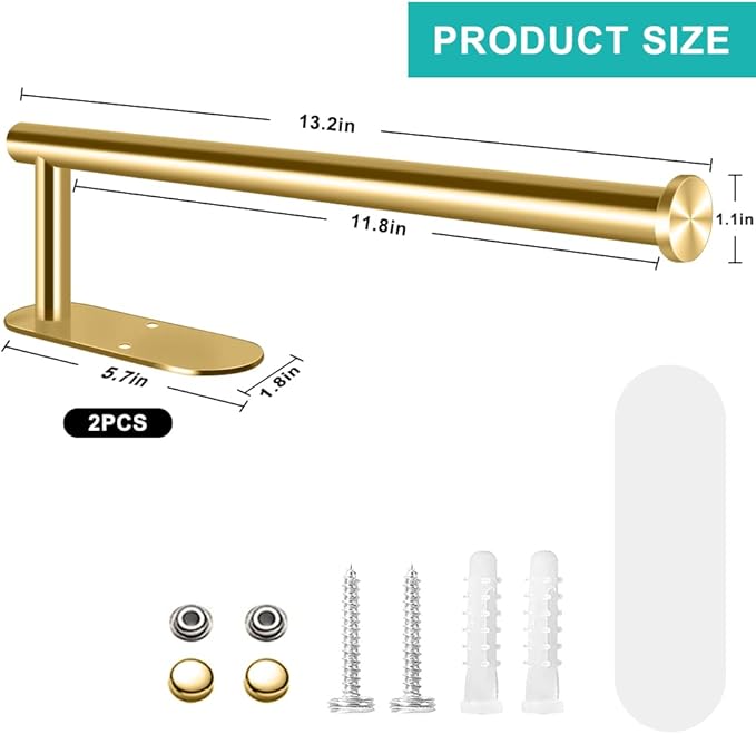 MGahyi 13.2 Inch Wall Mount Paper Towel Holder, Self Adhesive & Drilling Dual Use Under Cabinet Towel Rack, L-Type Rust Resistant Metal Roll Hanger for Kitchen, Bathroom, Pantry(Gold, Rectangle)