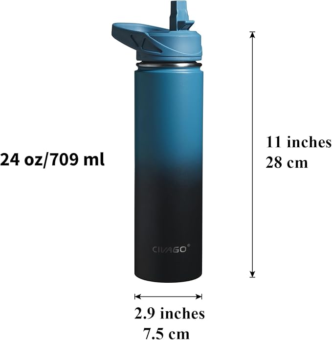 CIVAGO 24 oz Insulated Water Bottle With Straw, Stainless Steel Sports Water Flask Cup with 3 Lids (Straw, Spout and Handle Lid), Double Walled Travel Thermal Canteen Mug, Indigo Black