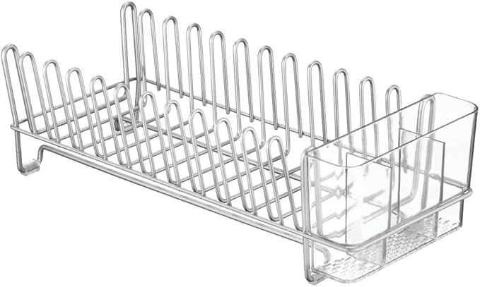 mDesign Kitchen Sink Dish Drainer – Small Metal and Plastic Dish Rack for Kitchen Sink – Ideal for Plates and Cutlery Basket – Chrome/Clear