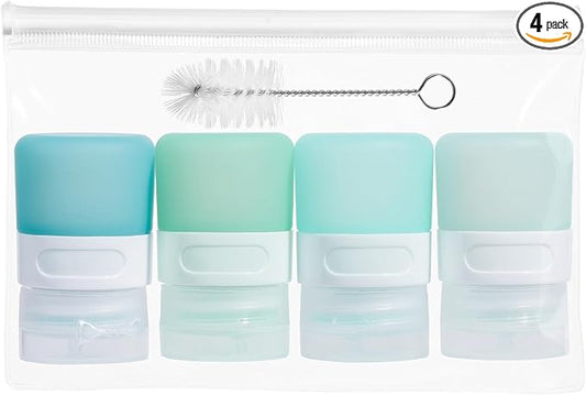 MICEBAY Condiment Squeeze Bottles for Sauces, 1-oz Mini Silicone Salad Dressing Container to Go with Snack Storage Bag, Leakproof Sauce Bottles for Lunch Box, 4 Pack, Mint