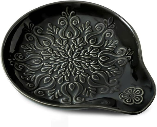 Farmhouse Ceramic Spoon Rests Holder for Kitchen Counter Stove Top (Black-A3)