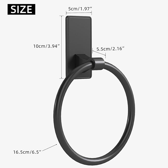 Towel Ring, SUS304 Hand Towel Holder for Bathroom，Matte Black Towel Holder Bathroom Adhesive Towel Hanger for Bathroom, Kitchen, 2 Pack
