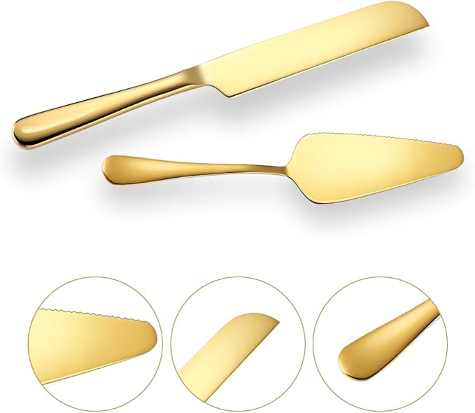 Wedding Cake Knife and Server Set Gold,2Pcs Cake Cutting Set For Wedding 10.63" Cake Cutter And 9.06" Cake Server Perfect For Wedding, Christmas, Birthday and Events,Dishwasher Safe