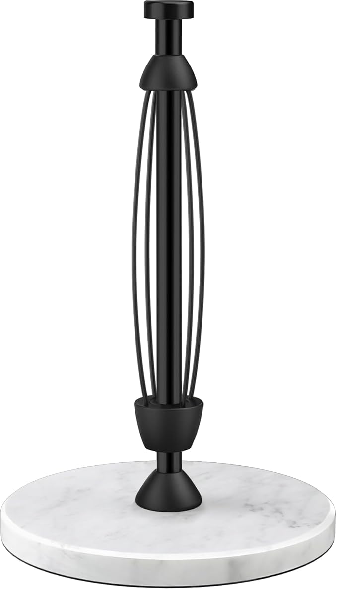 Paper Towel Holder Countertop, Marble Weighted Base, Glossy Black, One-Handed Tear, Freestanding Paper Towel Stand Rack with Ratchet Mechanism for Kitchen Toilet Bathroom Essentials Decor Accessories