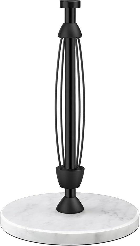 Paper Towel Holder Countertop, Marble Weighted Base, Glossy Black, One-Handed Tear, Freestanding Paper Towel Stand Rack with Ratchet Mechanism for Kitchen Toilet Bathroom Essentials Decor Accessories