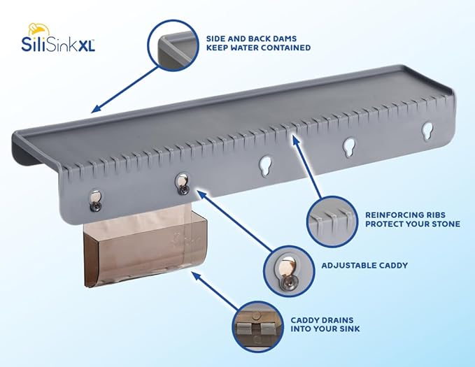 SiliSink XL Silicone Edge Guard for Kitchen Sink - Fits 3.75” - 4” Wide - The Original Silicone Sink Edge Protector with Sponge Caddy - Splash Guard, 20” Gray