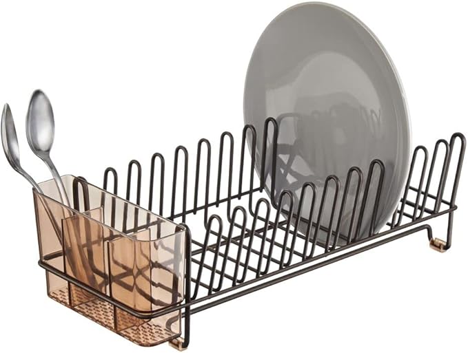 mDesign Dish Tray - Practical Draining Rack for Sink - Great Draining Rack - Up to 12 Plates and Cutlery - Bronze