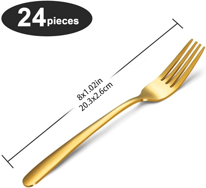 Unokit 24-Piece Stainless Steel Dinner Forks Silverware - 8 Inch Silver Dinner Forks Set of 24, Forks Set, Flatware Forks for Home, Kitchen or Restaurant, Mirror Polished, Dishwasher Safe, Gold