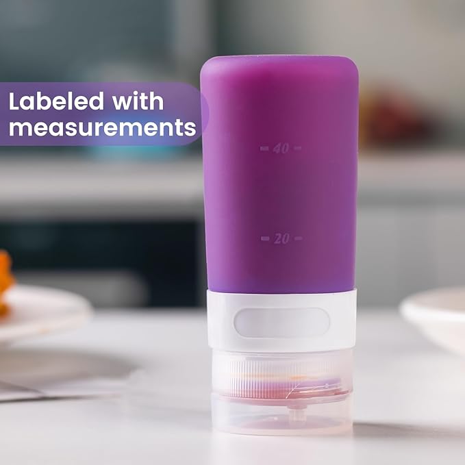MICEBAY Condiment Squeeze Bottles for Sauces, 2-oz Mini Silicone Salad Dressing Container to Go with Snack Storage Bag, Leakproof Sauce Bottles for Lunch Box, 4 Pack, Purple