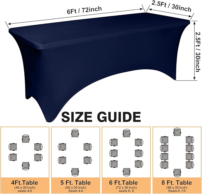 2 Pack 6 Feet Navy Spandex Tablecloth for Rectangular Tables, Fitted & Stretch, Washable, Wrinkle Resistant, Perfect for Event, Wedding, Party, Banquet, Cocktail, Festival, and Table Protector