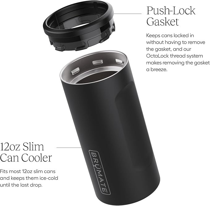 BrüMate Hopsulator Slim Can Cooler Insulated for 12oz Slim Cans | Skinny Can Insulated Stainless Steel Drink Holder for Hard Seltzer, Beer, Soda, and Energy Drinks (Black Stainless)
