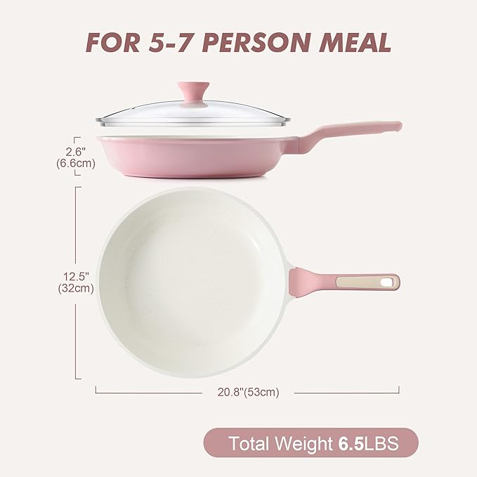 SENSARTE Nonstick Ceramic Frying Pan with Lid 12.5 Inch Cooking Pan Skillet, Free of Intentionally Added PFAS/PTFE Non-toxic Chef's Pan Induction Compatible Pan, Heat Resistant Handle, Sakura Pink