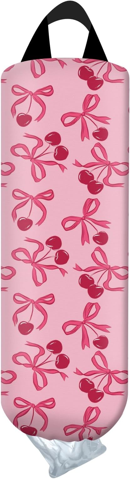 Plastic Bag Holder, Wall Mount Grocery Bag Organizer, Funny Hanging Trash Bag Storage Dispenser for Home Kitchen Cute Pink Bowknot