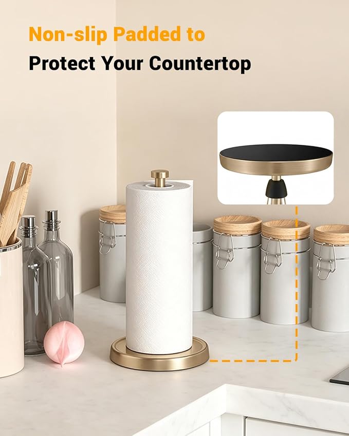 Paper Towel Holder Countertop, Gold Kitchen Accessories Decor, Stainless Steel, Weighted Base, Warm Gold, Paper Towel Roll Holder Stand with Ratchet Mechanism for Kitchen Bathroom Farmhouse Essentials