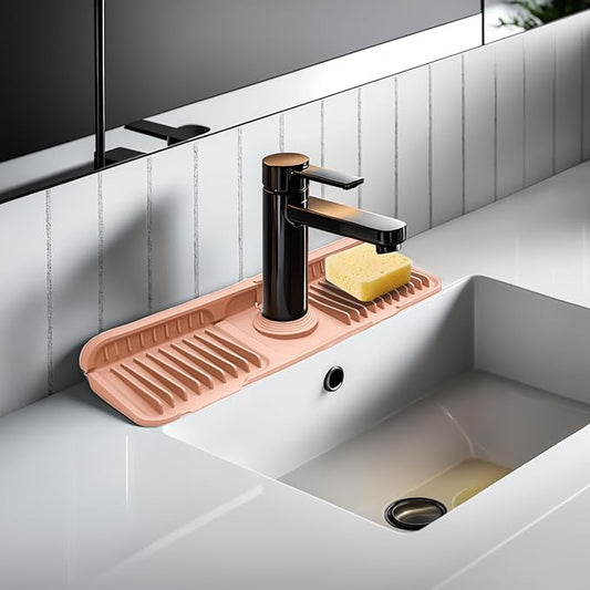 14.5" Pink Silicone Faucet Mat for Kitchen Sink – Button Style Faucet Drip Catcher, Sink Splash Guard with 6° Slope, Behind Faucet Draining Mat | Leak-Proof Countertop Protector for Kitchen Bathroom