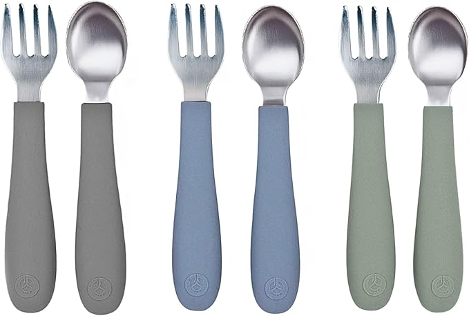 WeeSprout Toddler Utensils, 3 Forks & 3 Spoons, 18/8 Stainless Steel & Food Grade Silicone, Thick Easy-Grip Handles, Perfect Length For New Self Feeders, Gentle On Gums & Teeth, Dishwasher Safe